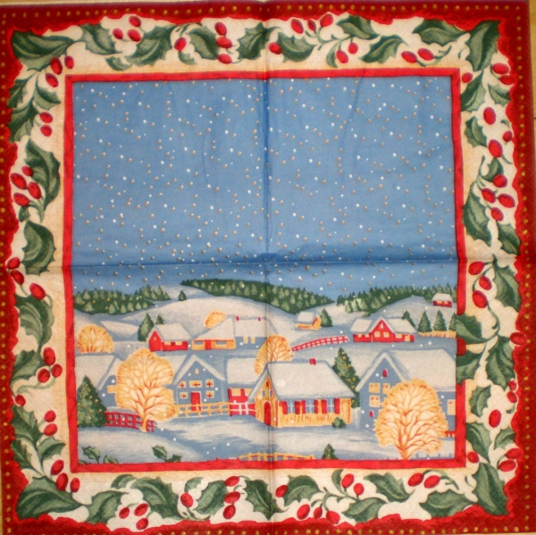 Serviette Dorf im Schnee, roter Rand, Rarität